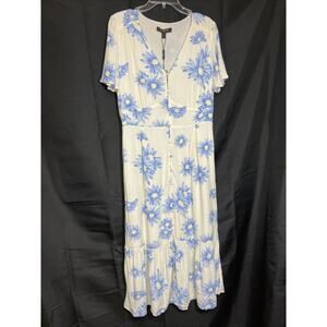 Nysense Women’s Button Cream W/ Blue Daisy Midi Dress Size 8 NWT